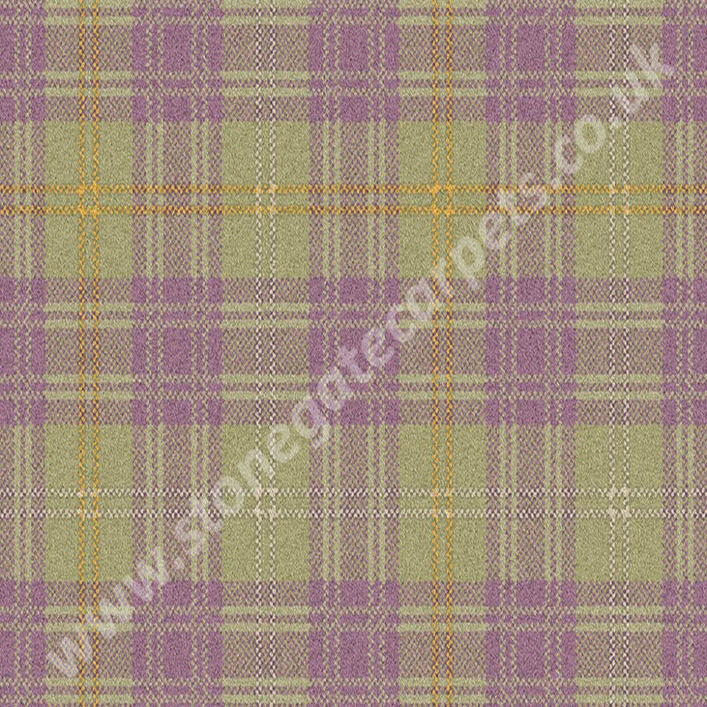 Ulster Carpets Braeburn Myrtle 72/20084 A pale yellow plaid background with purple plaid overlay and gold and white lines running through the patter.