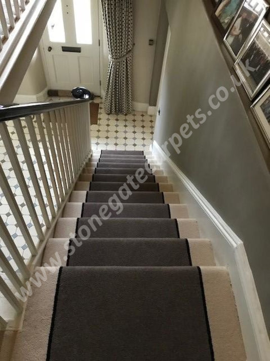 Brintons Carpets Bell Twist Mushroom Black & Indian Ivory Fully Fitted Stair Carpet (Per M) Runner